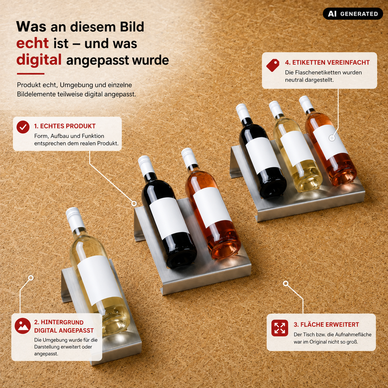Infografik mit drei Edelstahl-Weinhaltern und mehreren Weinflaschen auf einer holzartigen Oberfläche. Im Bild wird erklärt, welche Elemente echt und welche digital angepasst wurden. Hervorgehoben wird, dass die Weinhalter dem realen Produkt entsprechen, während Hintergrund, Fläche und Flaschenetiketten teilweise digital bearbeitet oder vereinfacht wurden. Oben rechts ist ein „AI Generated“-Hinweis zu sehen.